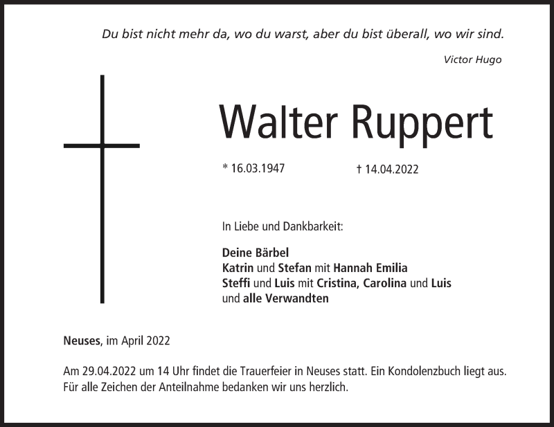  Traueranzeige für Walter Ruppert vom 26.04.2022 aus MGO