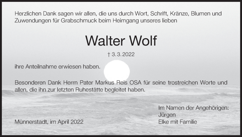  Traueranzeige für Walter Wolf vom 16.04.2022 aus MGO