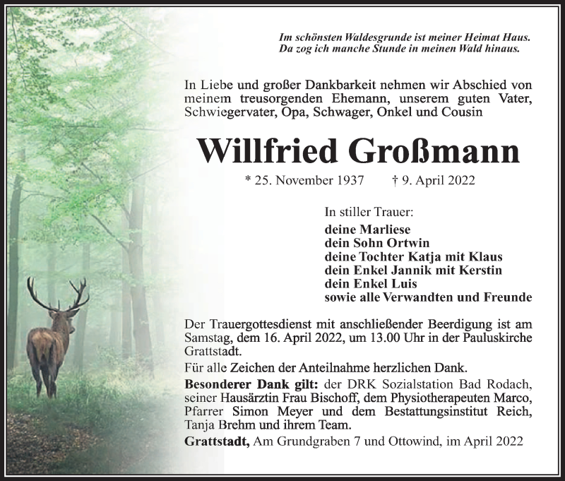  Traueranzeige für Wilfried Großmann vom 14.04.2022 aus MGO