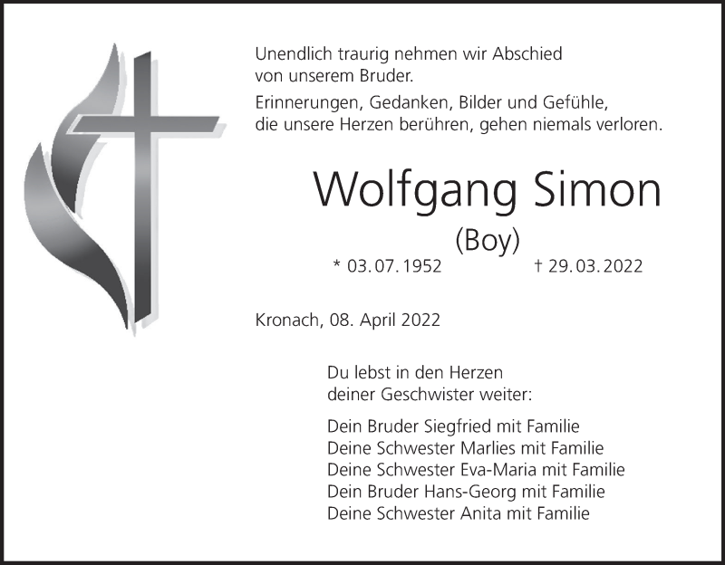  Traueranzeige für Wolfgang Simon vom 08.04.2022 aus MGO