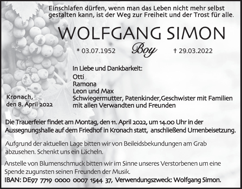  Traueranzeige für Wolfgang Simon vom 08.04.2022 aus MGO