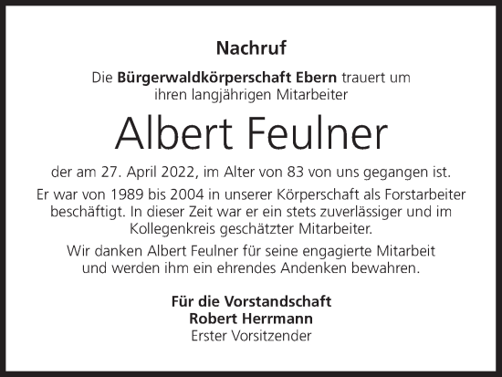Anzeige von Albert Feulner von MGO