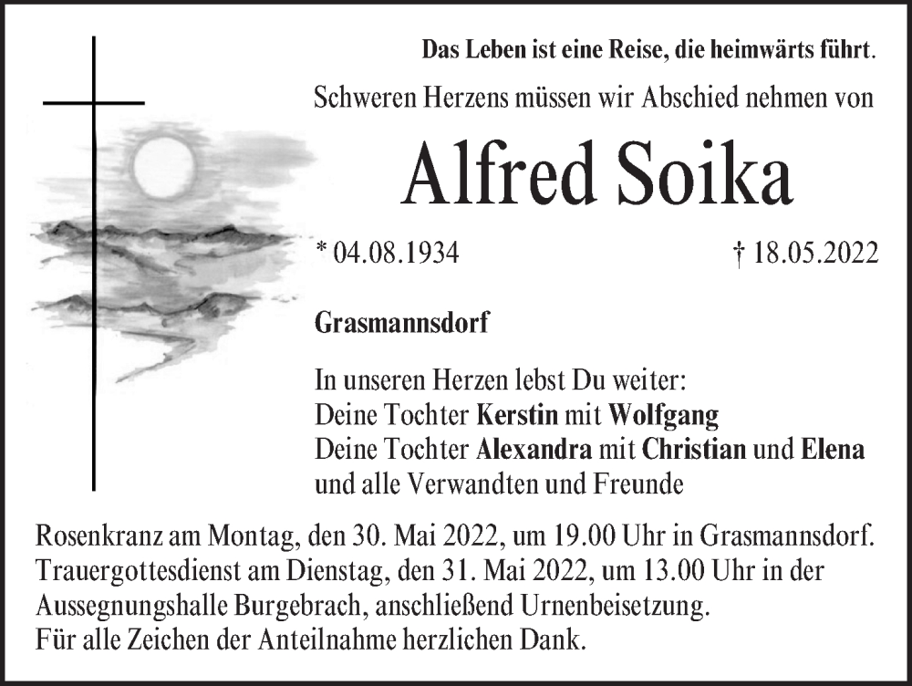  Traueranzeige für Alfred Soika vom 21.05.2022 aus MGO