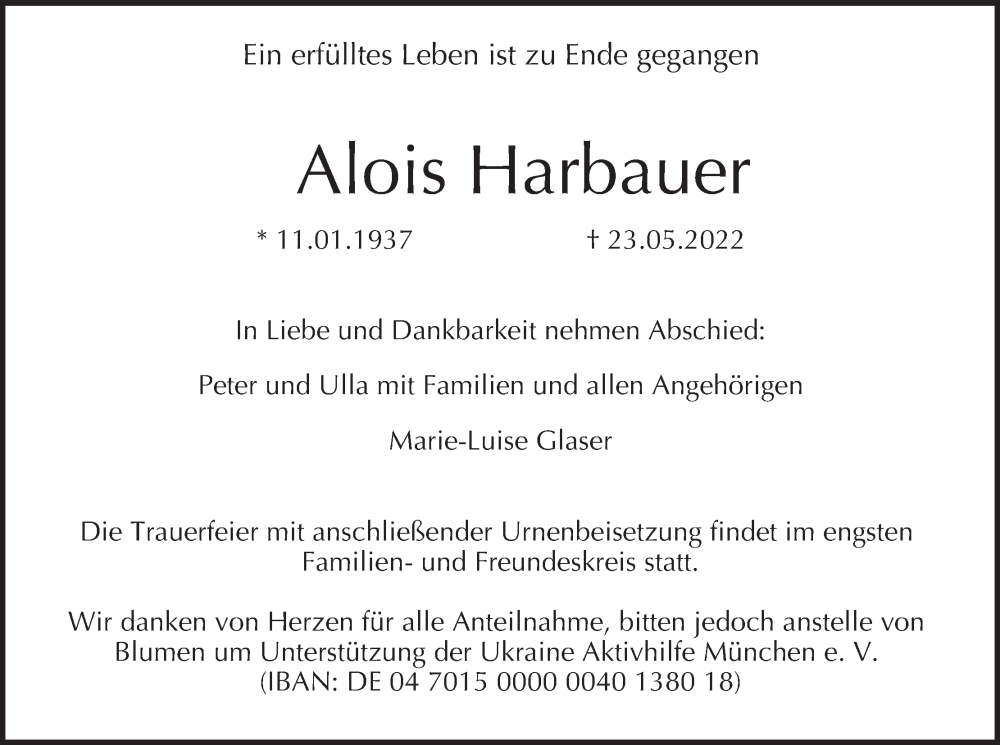  Traueranzeige für Alois Harbauer vom 28.05.2022 aus MGO