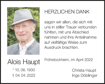 Anzeige von Alois Haupt von MGO