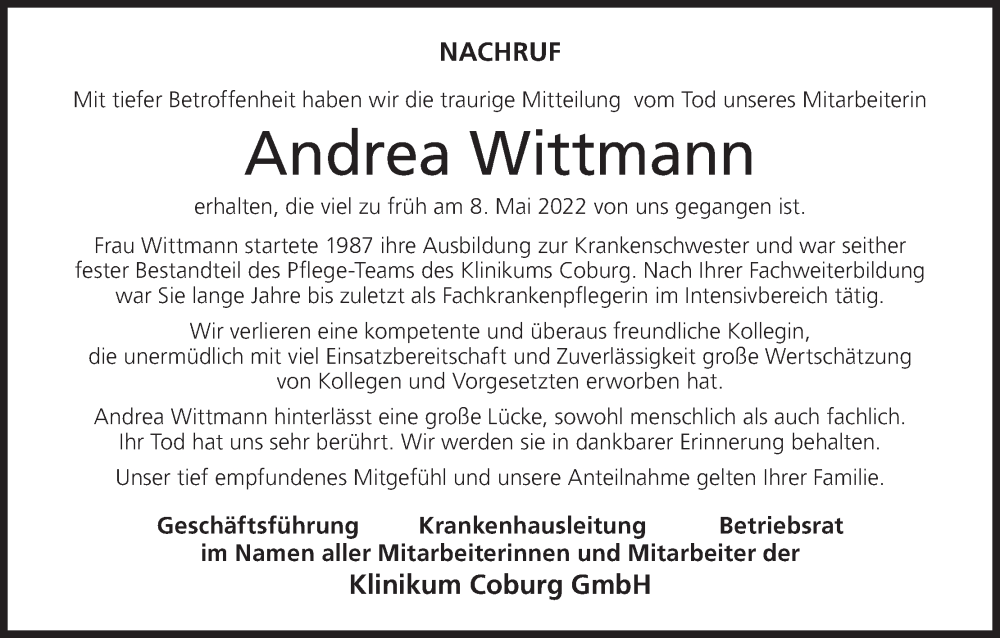  Traueranzeige für Andrea Wittmann vom 28.05.2022 aus MGO