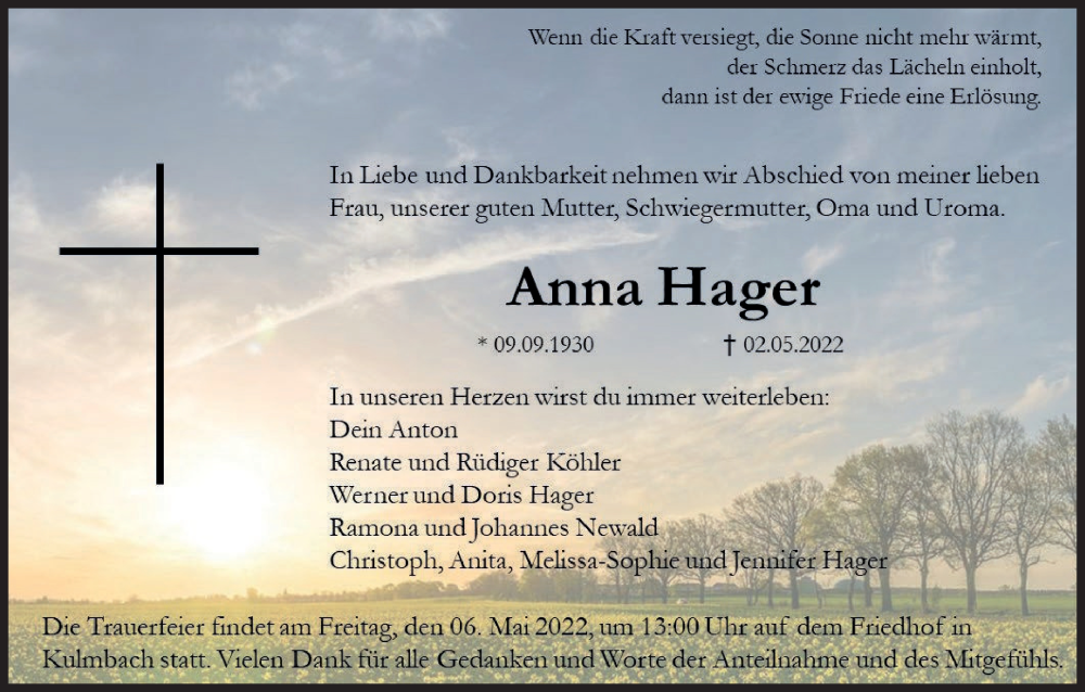  Traueranzeige für Anna Hager vom 04.05.2022 aus MGO
