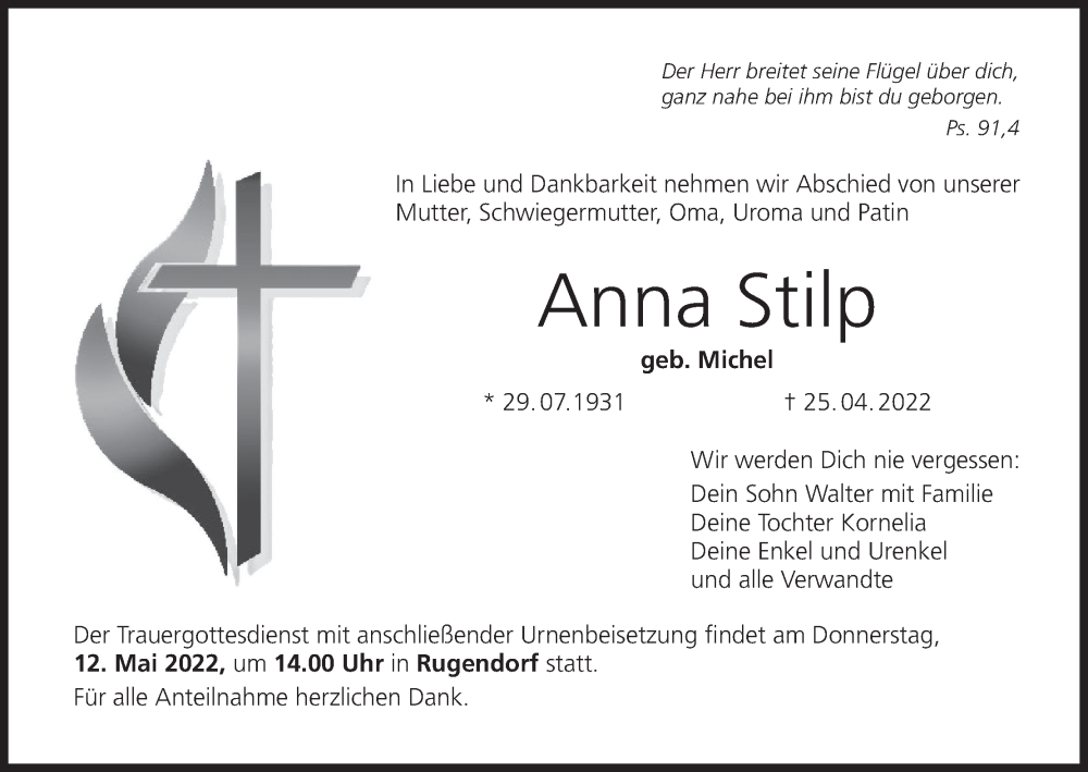  Traueranzeige für Anna Stilp vom 10.05.2022 aus MGO