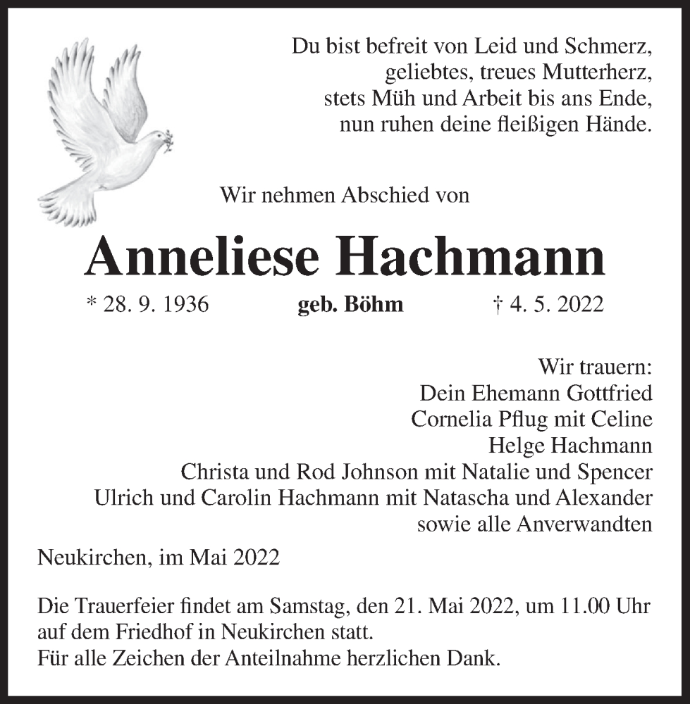  Traueranzeige für Anneliese Hachmann vom 14.05.2022 aus MGO