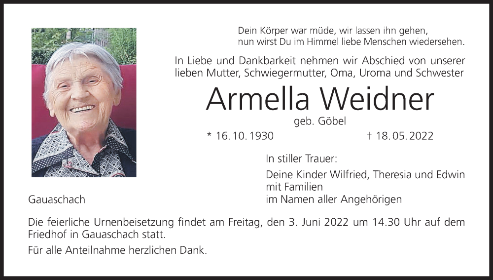  Traueranzeige für Armella Weidner vom 28.05.2022 aus MGO
