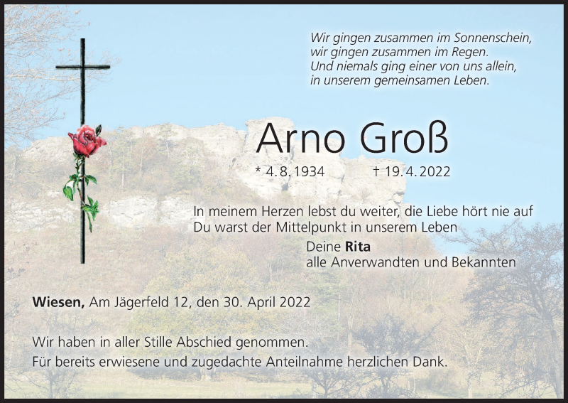  Traueranzeige für Arno Groß vom 30.04.2022 aus MGO