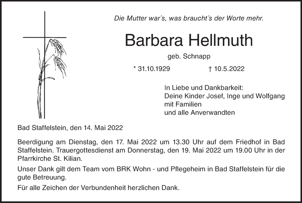  Traueranzeige für Barbara Hellmuth vom 14.05.2022 aus MGO