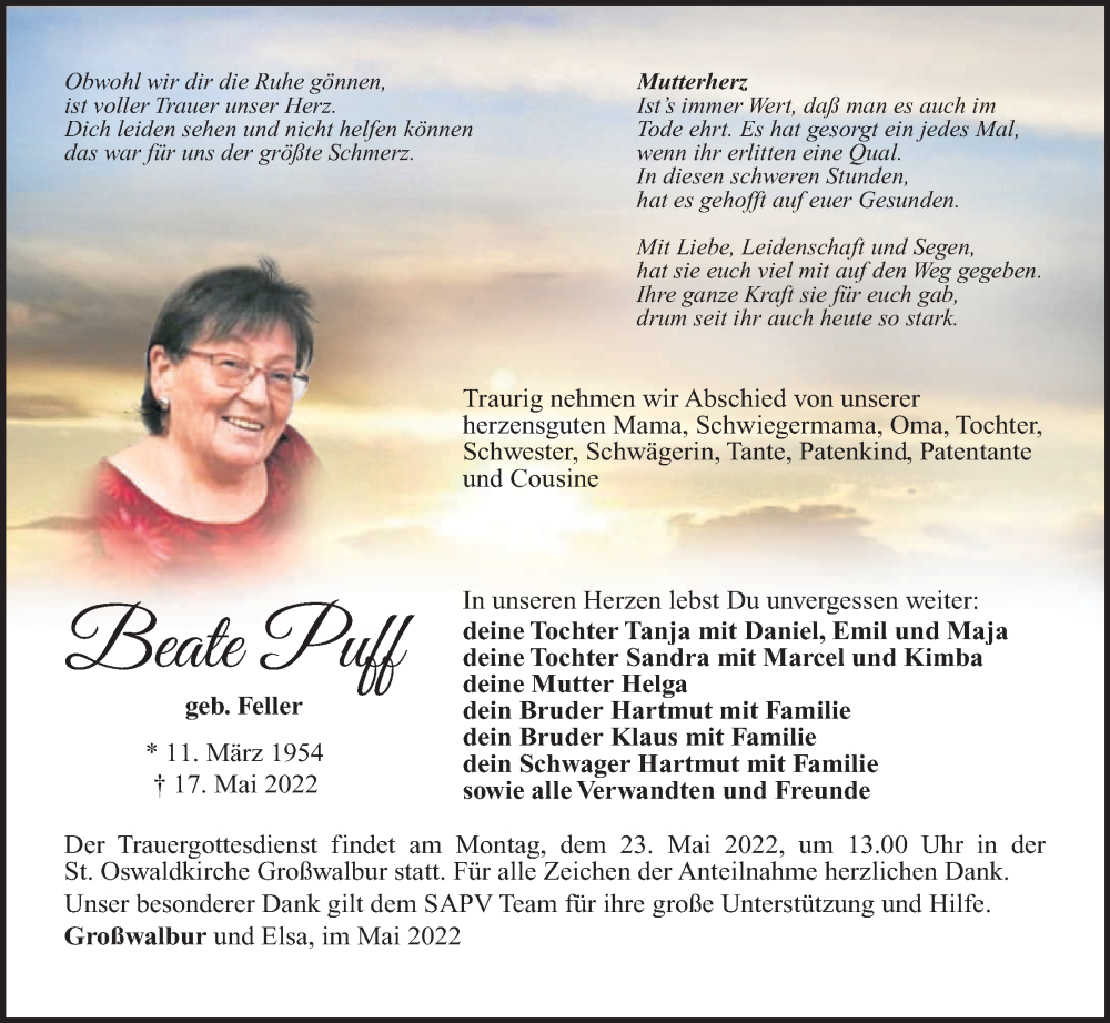  Traueranzeige für Beate Puff vom 21.05.2022 aus MGO