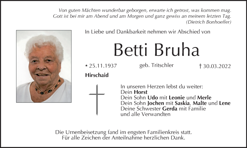  Traueranzeige für Betti Bruha vom 30.04.2022 aus MGO