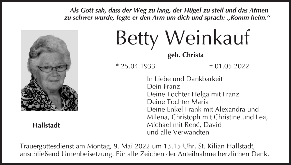  Traueranzeige für Betty Weinkauf vom 06.05.2022 aus MGO