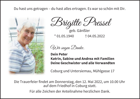 Anzeige von Brigitte Pressel von MGO