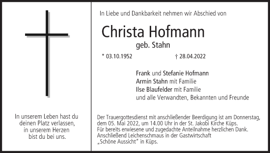 Anzeige von Christa Hofmann von MGO