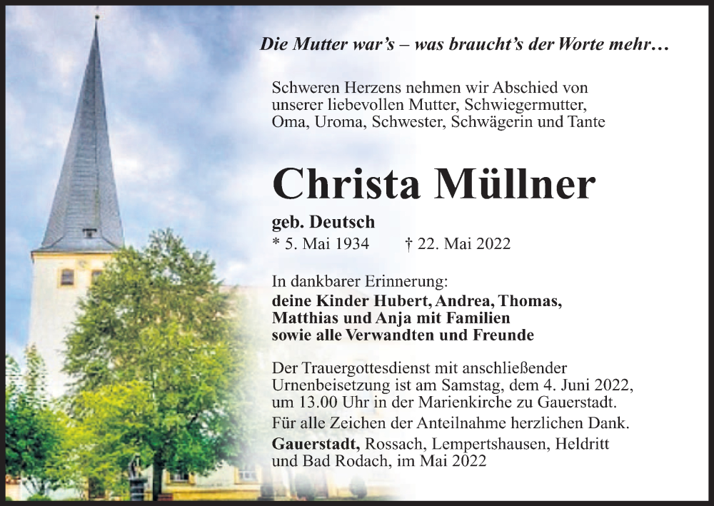  Traueranzeige für Christa Müllner vom 28.05.2022 aus MGO