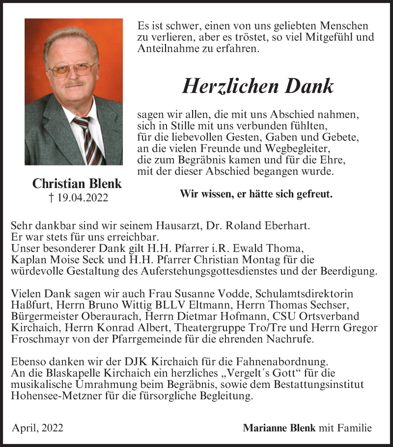  Traueranzeige für Christian Blenk vom 30.04.2022 aus MGO