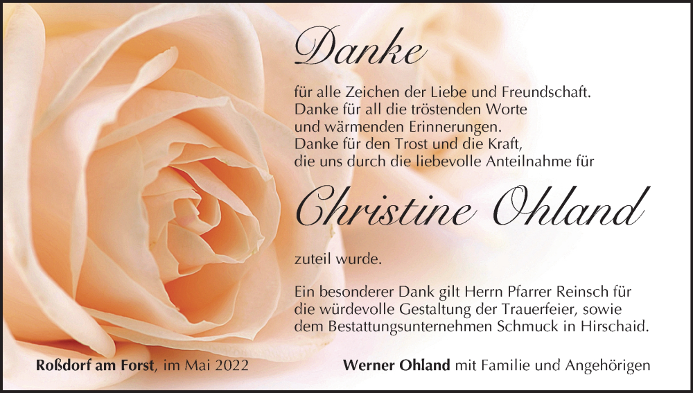  Traueranzeige für Christine Ohland vom 28.05.2022 aus MGO