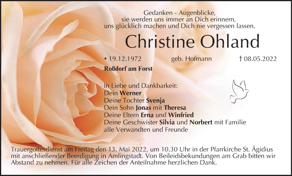  Traueranzeige für Christine Ohland vom 11.05.2022 aus MGO