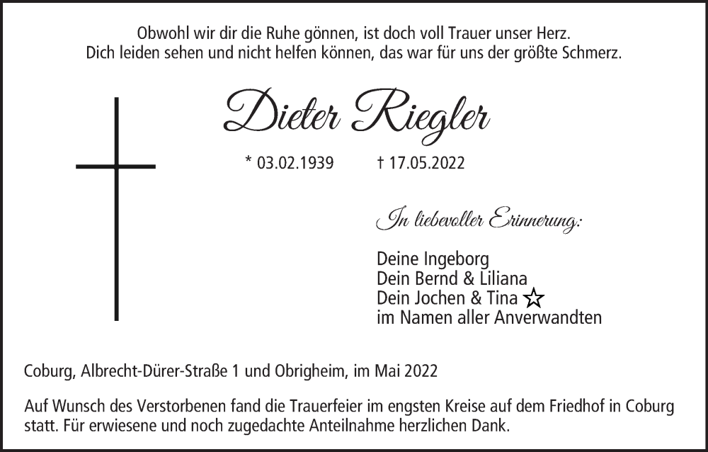  Traueranzeige für Dieter Riegler vom 28.05.2022 aus MGO