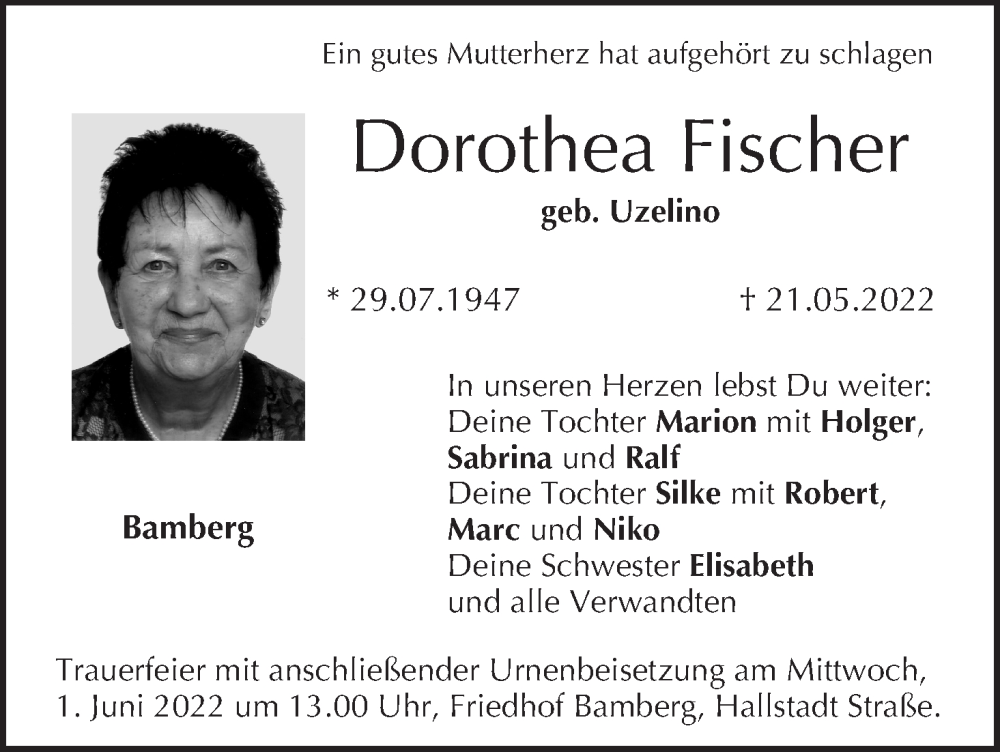 Traueranzeige für Dorothea Fischer vom 28.05.2022 aus MGO