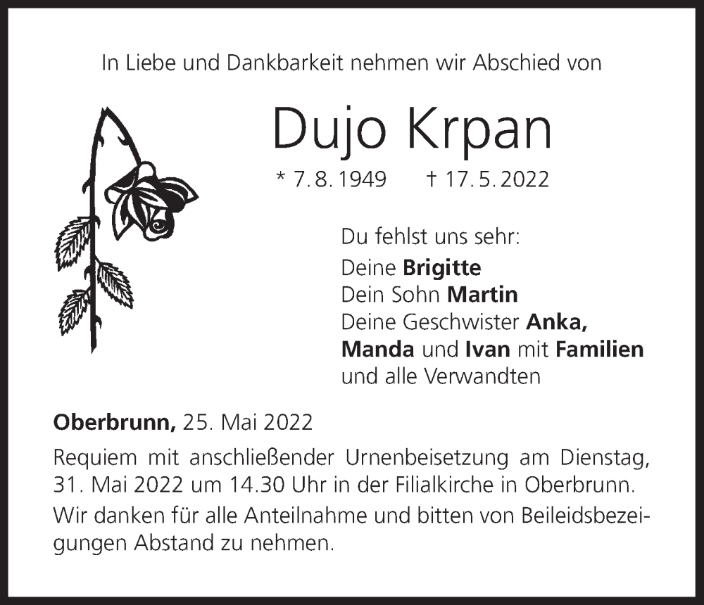  Traueranzeige für Dujo Krpan vom 25.05.2022 aus MGO