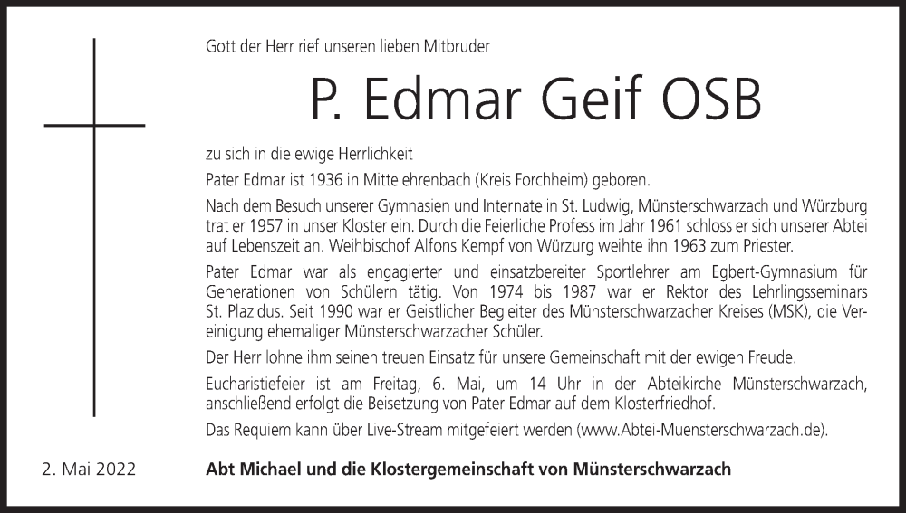  Traueranzeige für Edmar Greif vom 03.05.2022 aus MGO