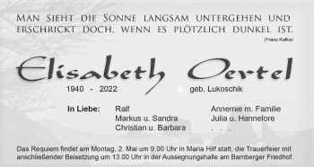 Anzeige von Elisabeth Oertel von MGO