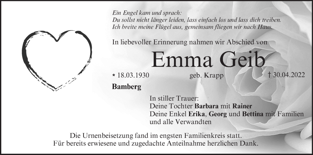  Traueranzeige für Emma Geib vom 21.05.2022 aus MGO