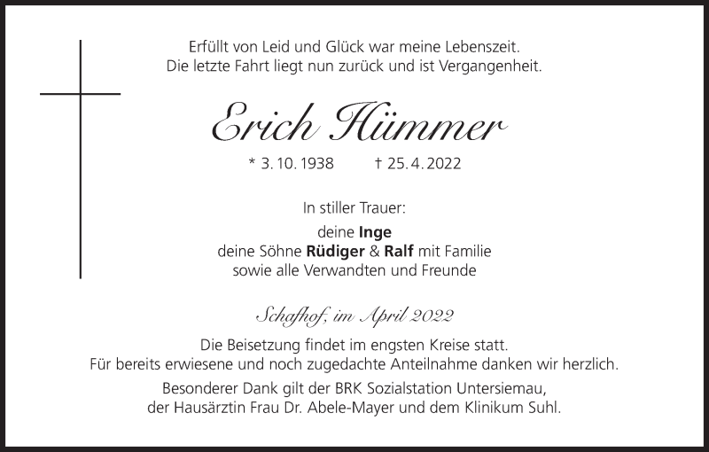  Traueranzeige für Erich Hümmer vom 30.04.2022 aus MGO