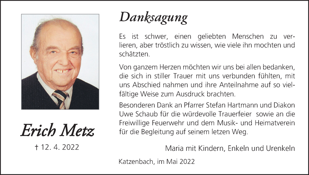  Traueranzeige für Erich Metz vom 07.05.2022 aus MGO