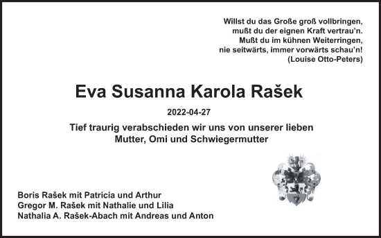 Anzeige von Eva Susanna Karola Rasek von MGO