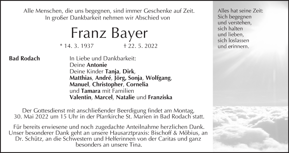  Traueranzeige für Franz Bayer vom 28.05.2022 aus MGO