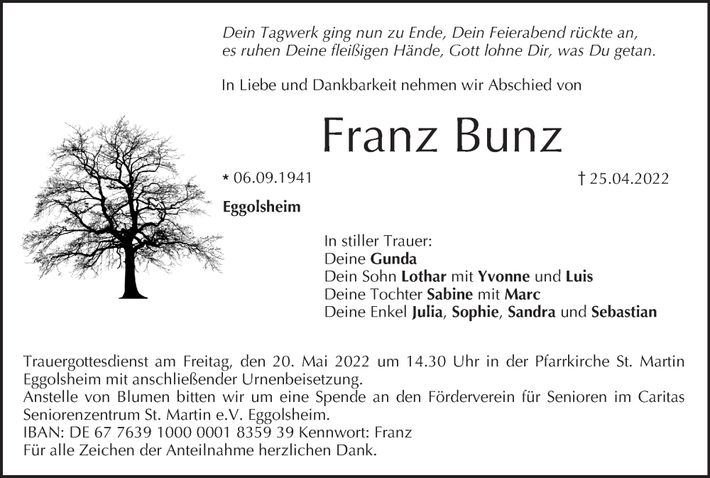 Traueranzeige für Franz Bunz vom 14.05.2022 aus MGO