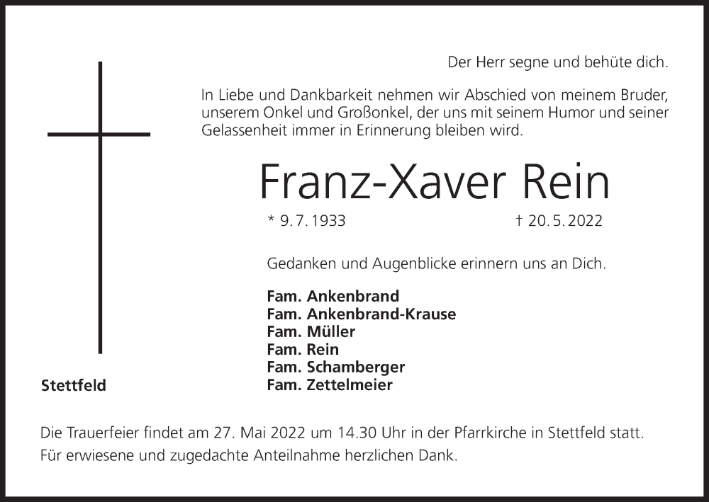  Traueranzeige für Franz-Xaver Rein vom 25.05.2022 aus MGO