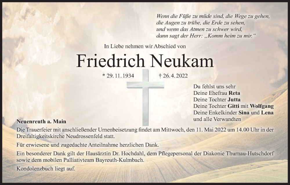  Traueranzeige für Friedrich Neukam vom 07.05.2022 aus MGO