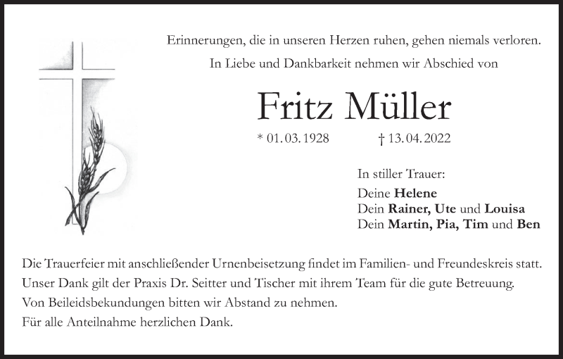  Traueranzeige für Fritz Müller vom 30.04.2022 aus MGO