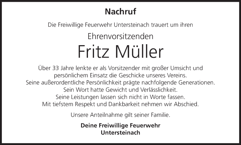  Traueranzeige für Fritz Müller vom 30.04.2022 aus MGO