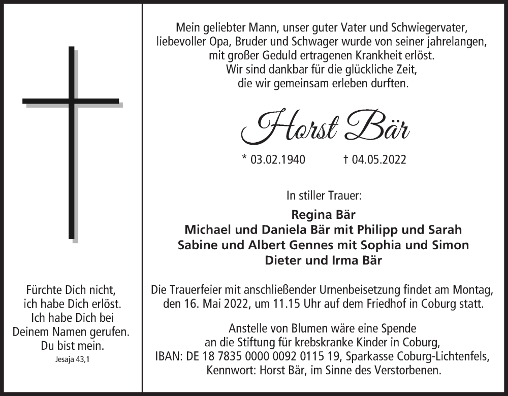  Traueranzeige für FürcHorst Bär vom 11.05.2022 aus MGO