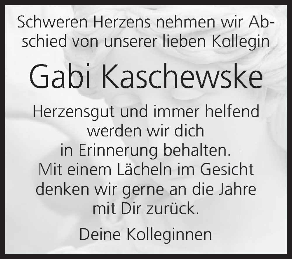  Traueranzeige für Gabi Kaschewske vom 21.05.2022 aus MGO