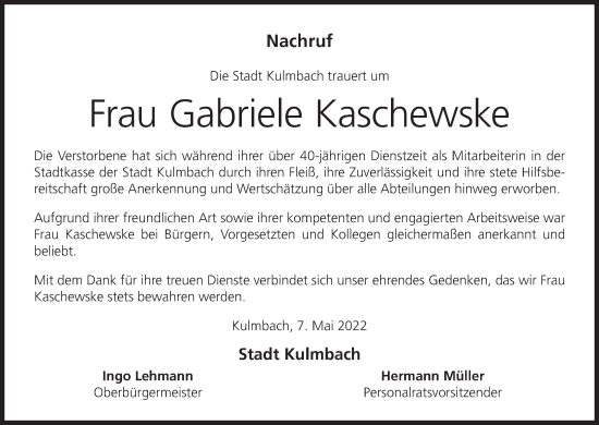 Anzeige von Gabriele Kaschewske von MGO
