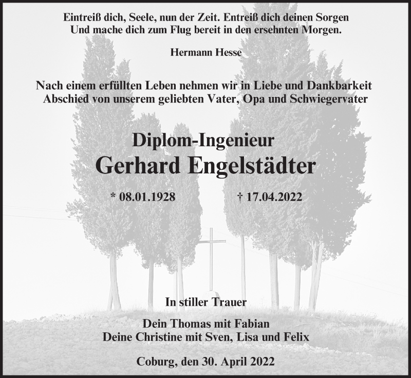  Traueranzeige für Gerhard Engelstädter vom 30.04.2022 aus MGO