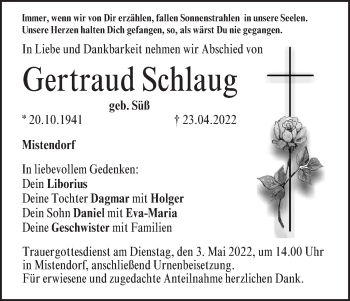 Anzeige von Gertraud Schlaug von MGO