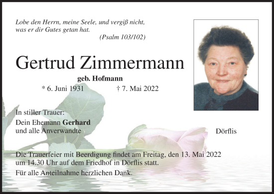 Anzeige von Gertrud Zimmermann von MGO