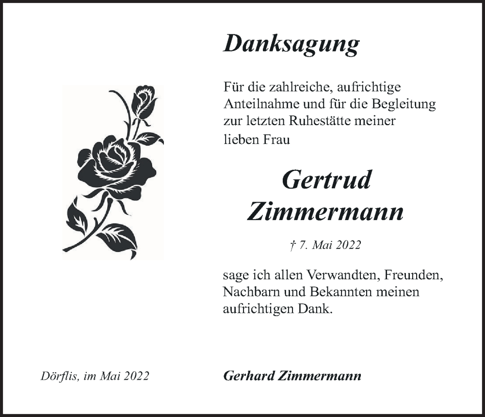  Traueranzeige für Gertrud Zimmermann vom 21.05.2022 aus MGO