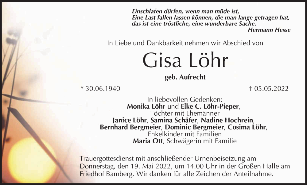  Traueranzeige für Gisa Löhr vom 14.05.2022 aus MGO
