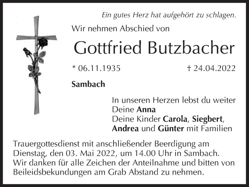  Traueranzeige für Gottfried Butzbacher vom 30.04.2022 aus MGO