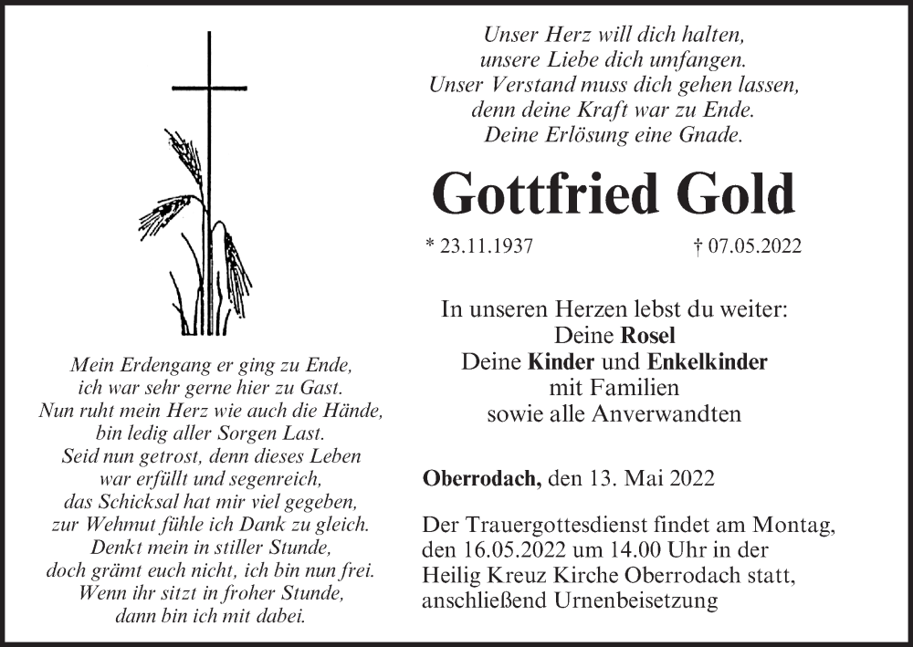  Traueranzeige für Gottfried Gold vom 13.05.2022 aus MGO